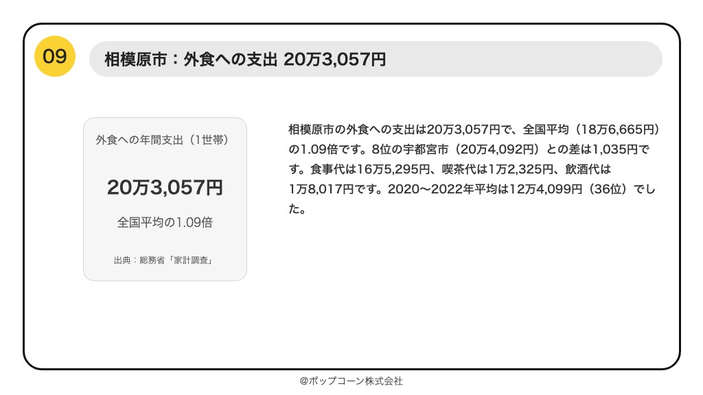 第9位 相模原市 外食への支出 20万3,057円(総務省統計局「家計調査」の品目別ランキング)