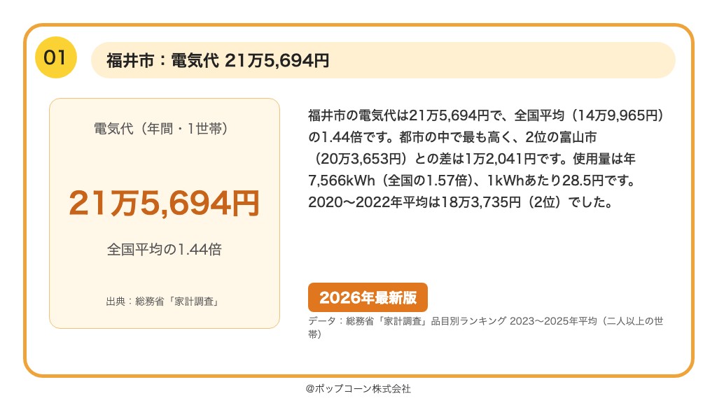 第1位 福井市 電気代 21万5,694円(総務省統計局「家計調査」の品目別ランキング)