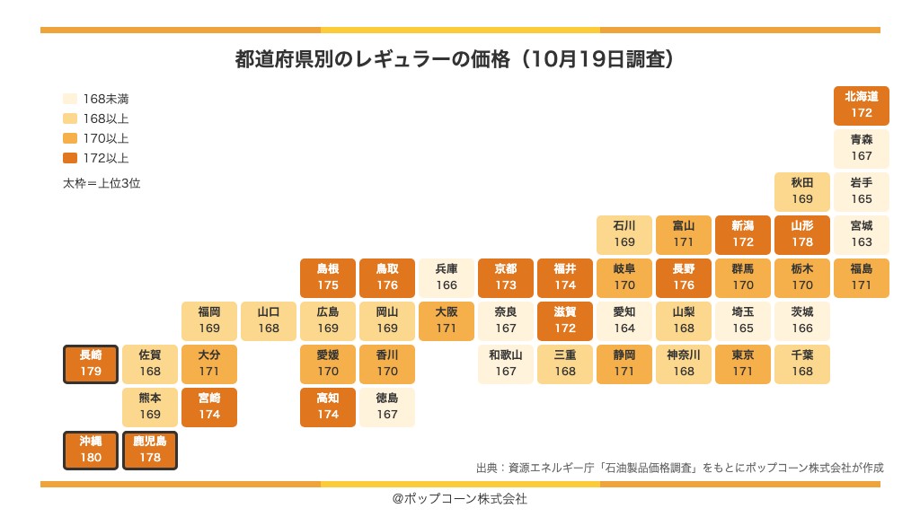 都道府県別のレギュラーの価格の地図(資源エネルギー庁「石油製品価格調査」)