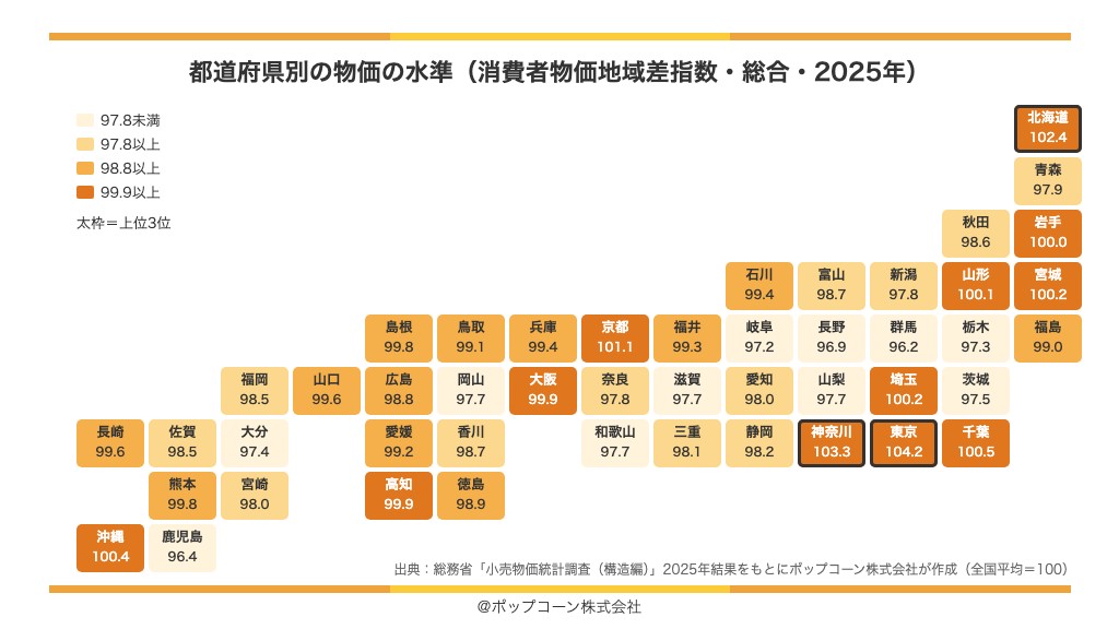 都道府県別の消費者物価地域差指数(総合・2025年)の地図