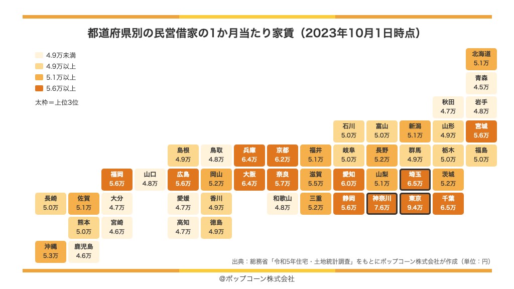 都道府県別の民営借家の1か月当たり家賃(令和5年住宅・土地統計調査)の地図